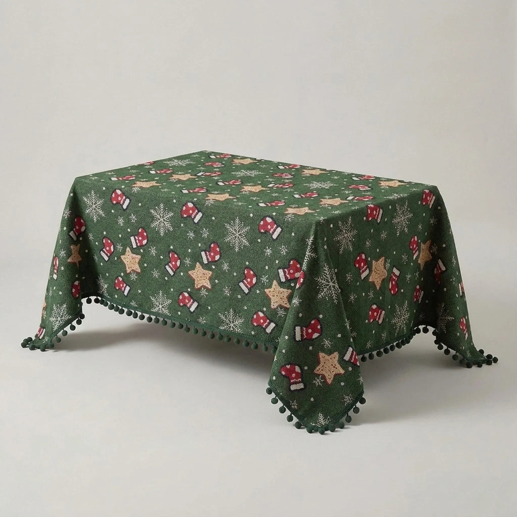 Christmas Tablecloth with Pom-Pom Fringe Snowflake and Festive Holiday Pattern - Image 5
