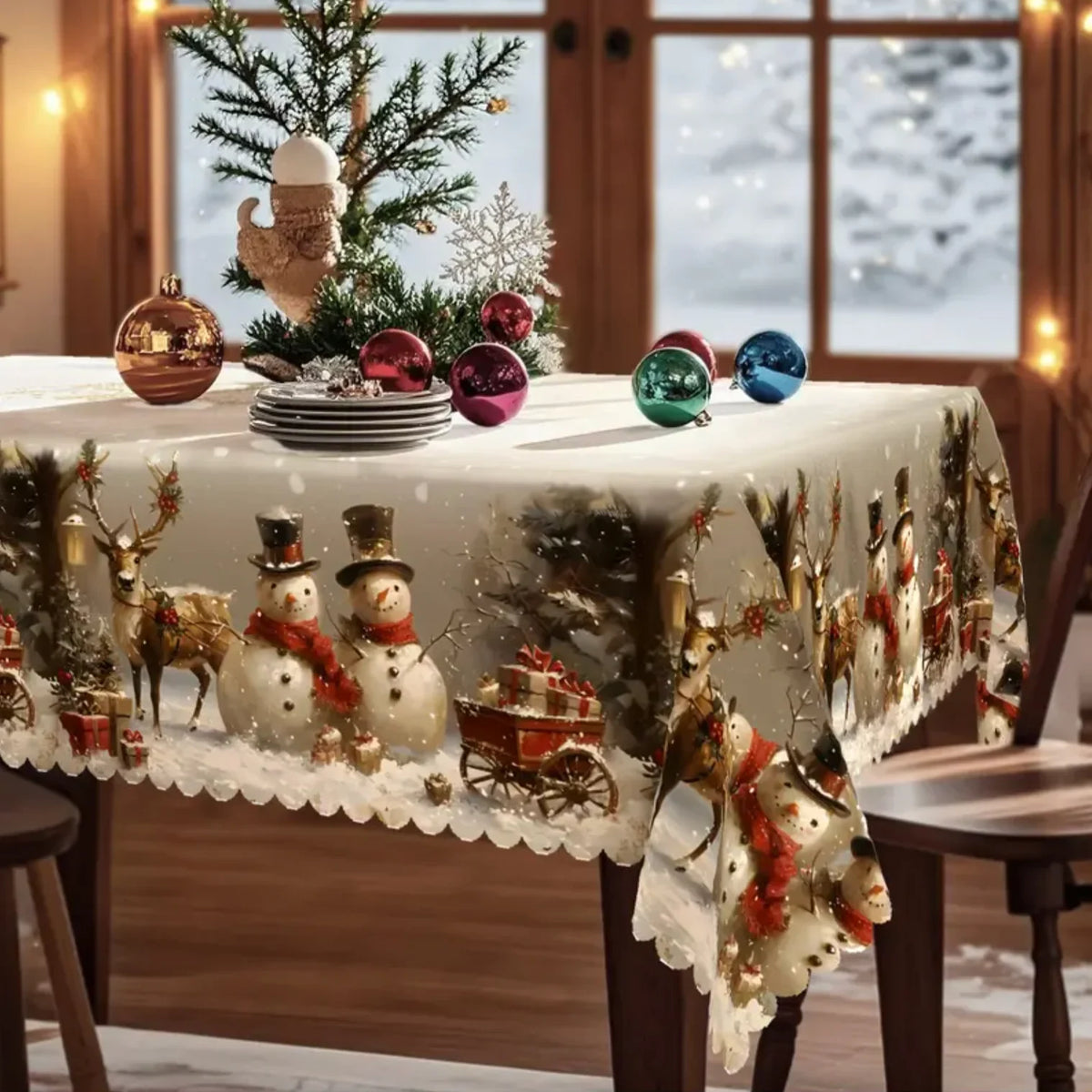 Christmas Tablecloth with Snowman and Reindeer Print Scalloped Hem Machine Washable - Image 4