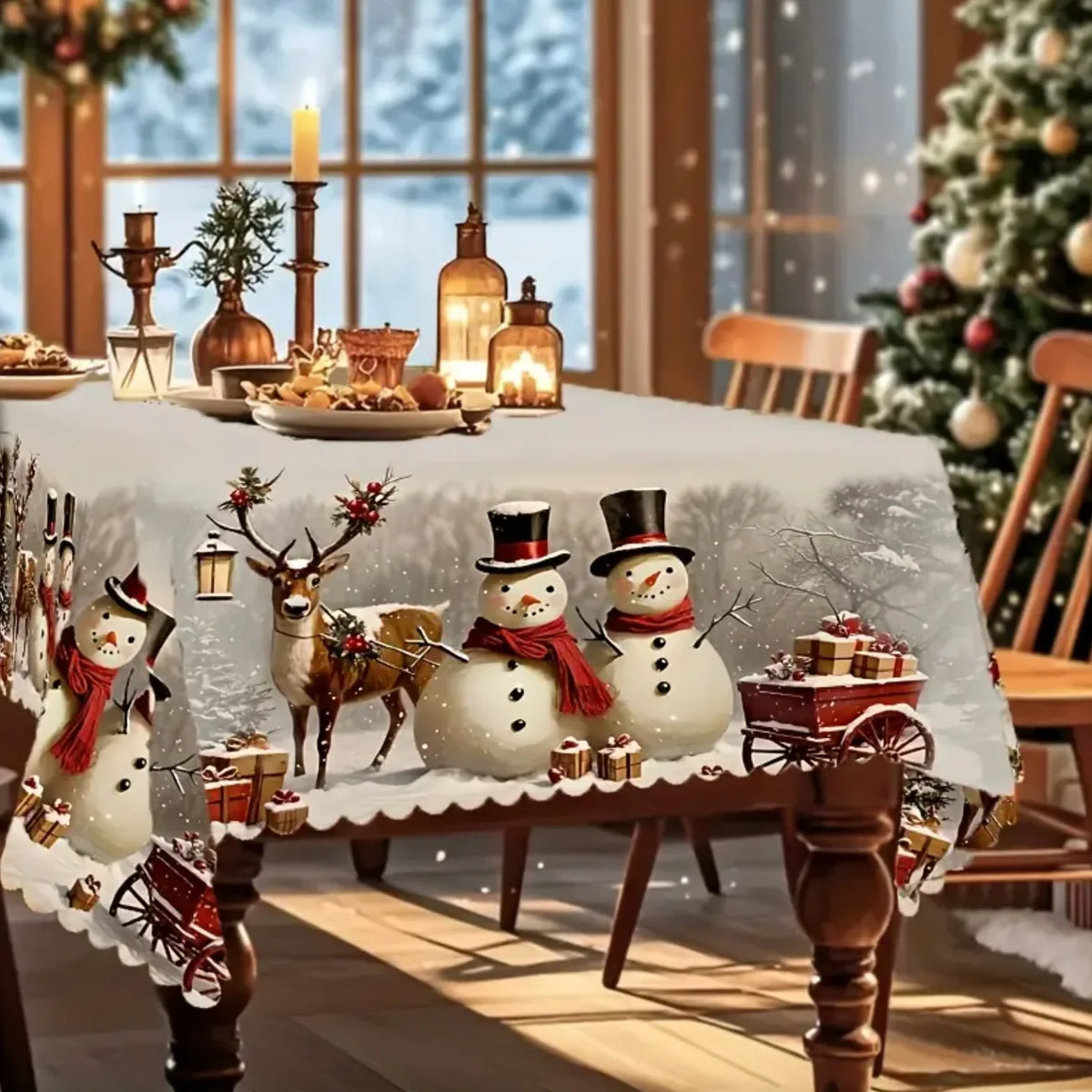 Christmas Tablecloth with Snowman and Reindeer Print Scalloped Hem Machine Washable - Image 6