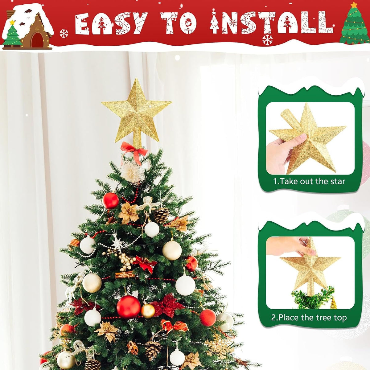 Christmas Tree Topper Star with Glitter Finish 8 Inch Shatterproof Holiday Decoration - Image 1