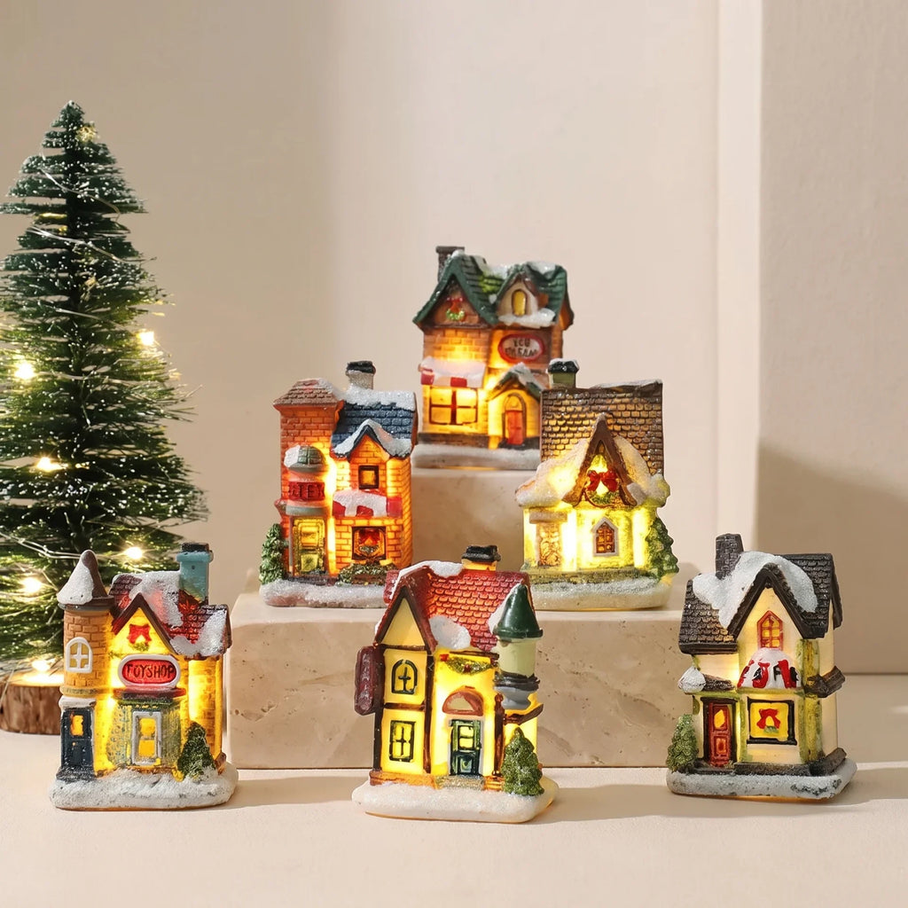 Christmas Village Set with LED Lights 6 Hand-Painted Miniature Houses and Snow-Covered Roofs - Image 1