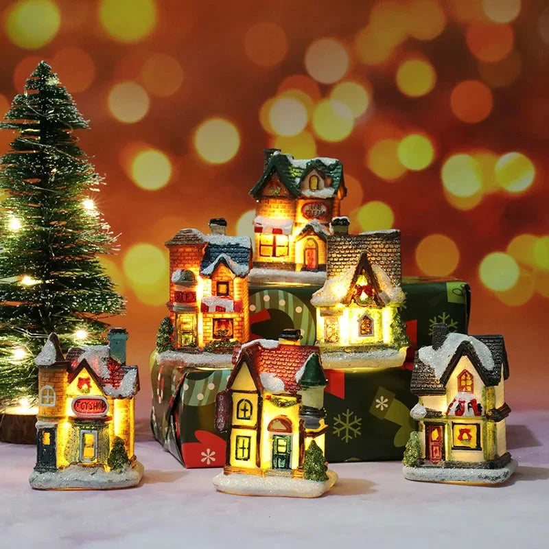 Christmas Village Set with LED Lights 6 Hand-Painted Miniature Houses and Snow-Covered Roofs - Image 2