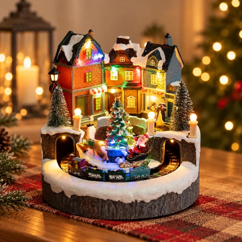 Christmas Village with Animated Lights Train and Rotating Tree Tabletop Display - Image 2