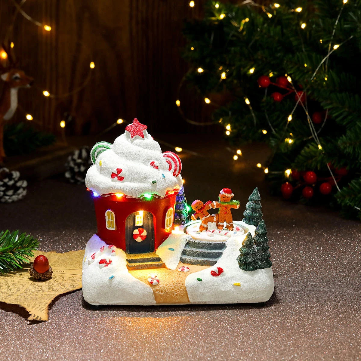 Christmas Village with Animated Lights Train and Rotating Tree Tabletop Display - Image 24