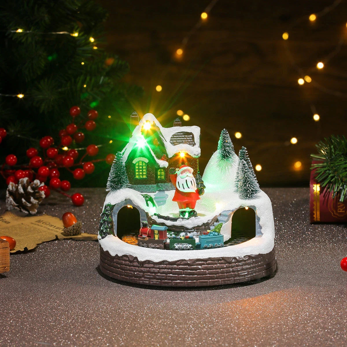 Christmas Village with Animated Lights Train and Rotating Tree Tabletop Display - Image 26