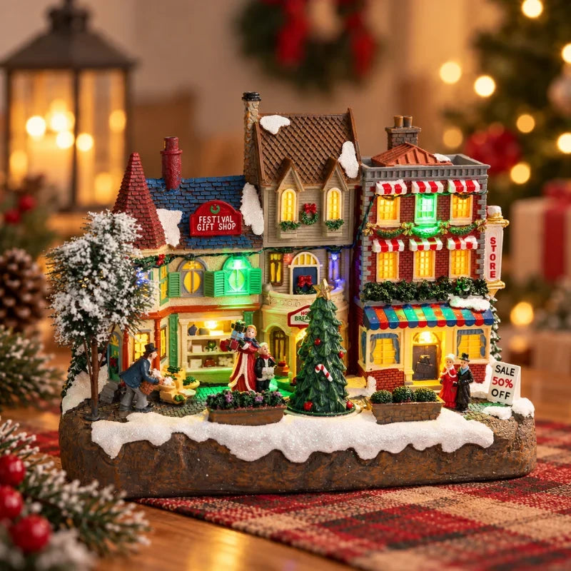 Christmas Village with Animated Lights Train and Rotating Tree Tabletop Display - Image 7