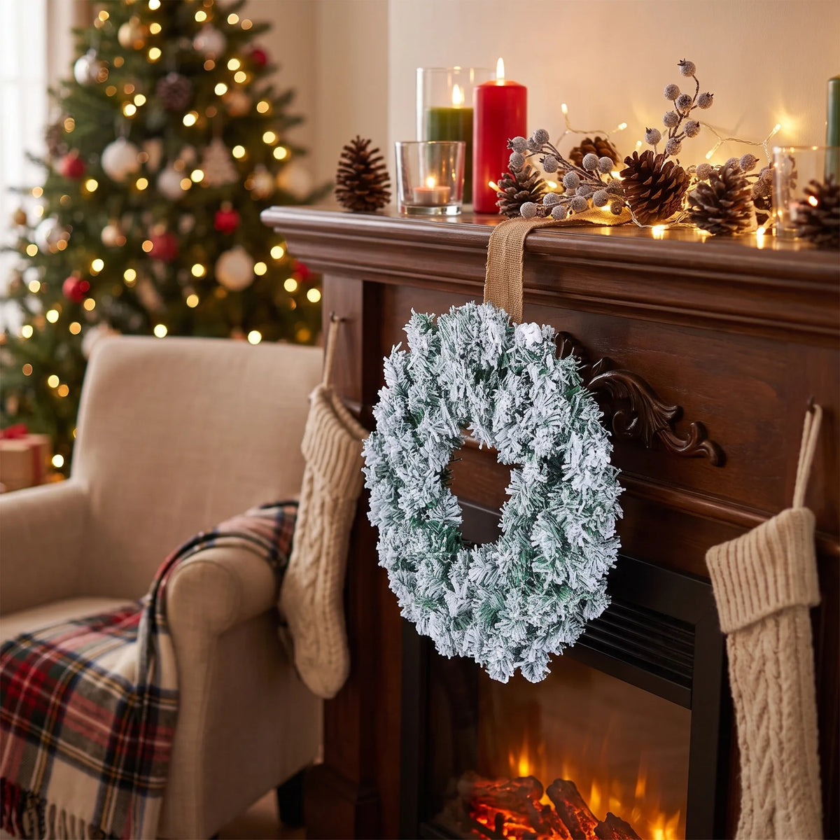 Christmas Wreath with Flocked Pine Needles for Door Hanging and Holiday Decoration - Image 3