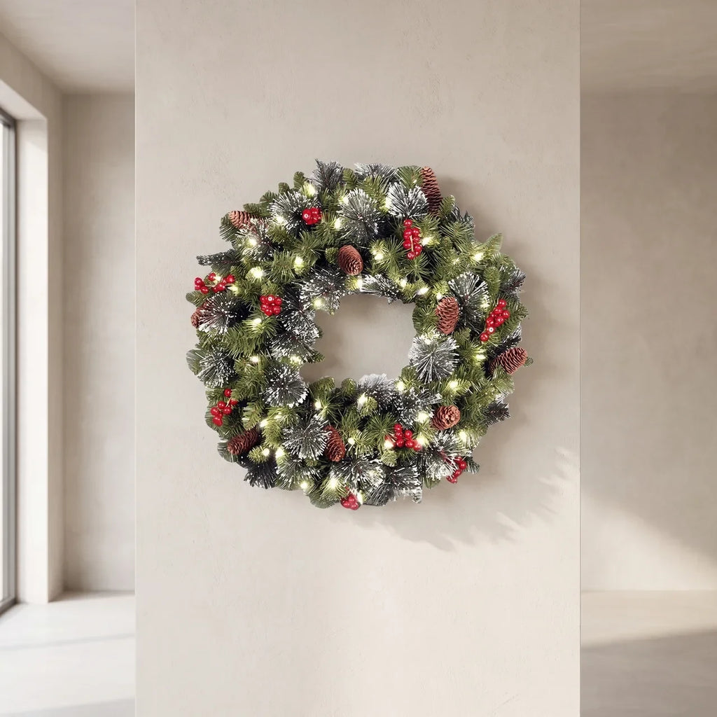 Christmas Wreath with Lights Artificial Pine Foliage Red Berries and Cones - Image 1