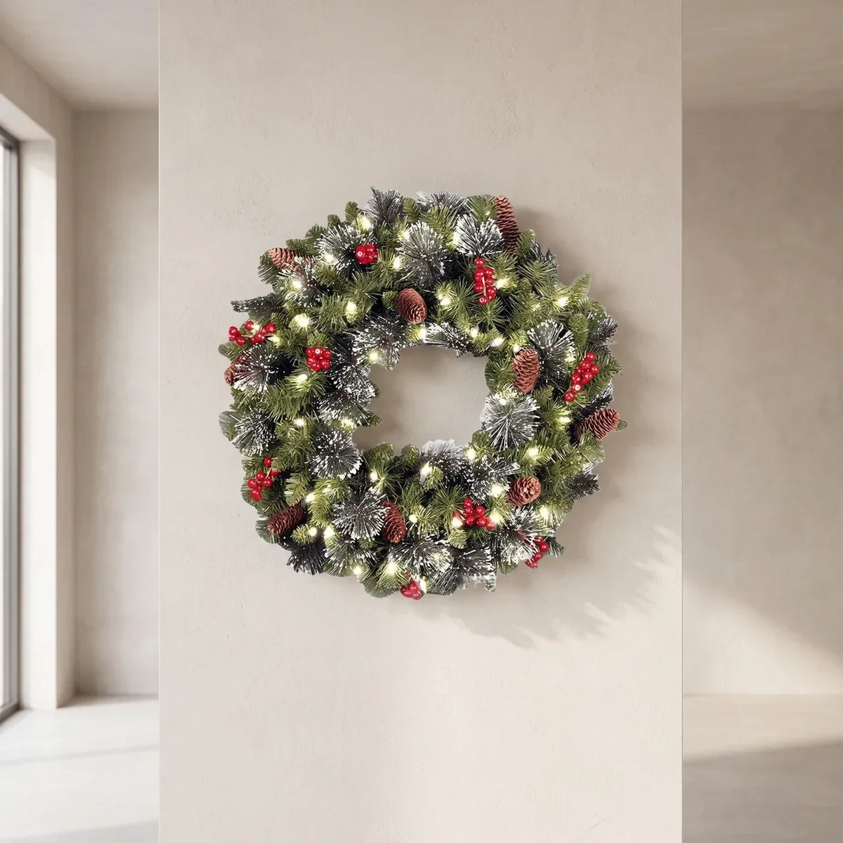 Christmas Wreath with Lights Artificial Pine Foliage Red Berries and Cones - Image 1