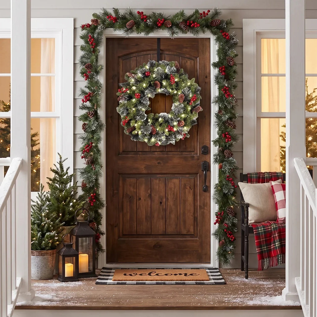 Christmas Wreath with Lights Artificial Pine Foliage Red Berries and Cones - Image 2