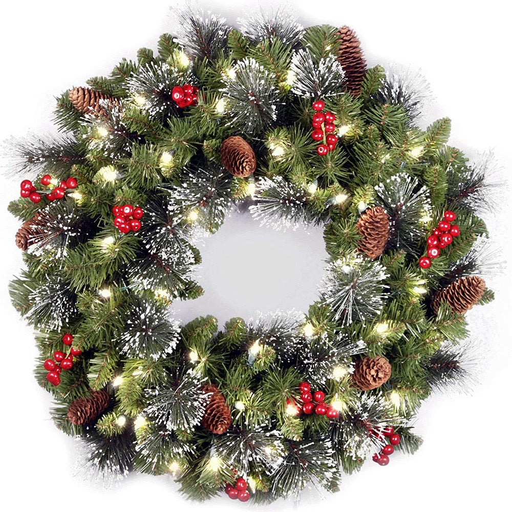 Christmas Wreath with Lights Artificial Pine Foliage Red Berries and Cones - Image 8