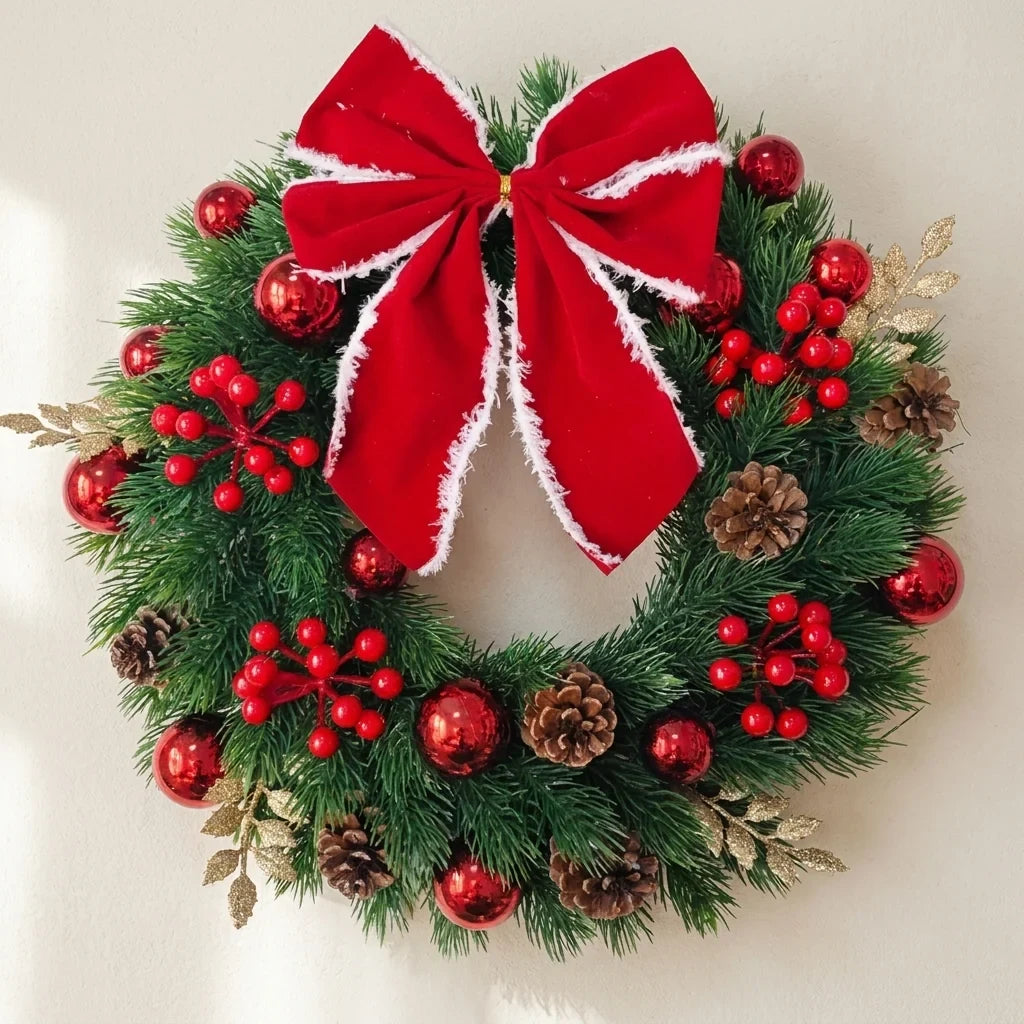 Christmas Wreath with Red Velvet Bow Pine Cones and Berries 30cm Door or Wall Hanging - Image 1