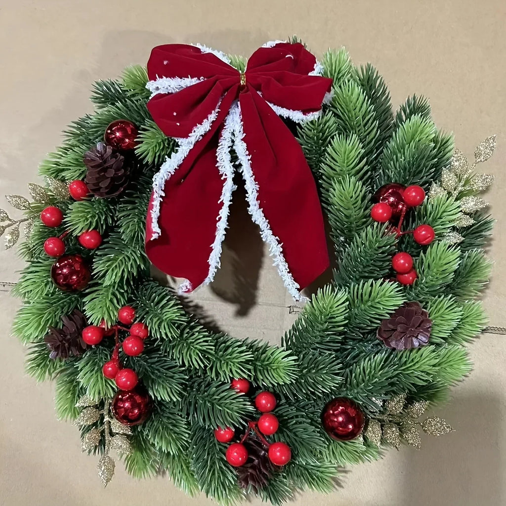 Christmas Wreath with Red Velvet Bow Pine Cones and Berries 30cm Door or Wall Hanging - Image 2
