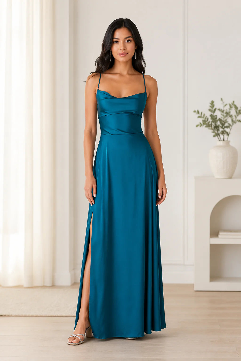 Costanza | Abito Lungo Scollo Cowl con Spacco Blu
