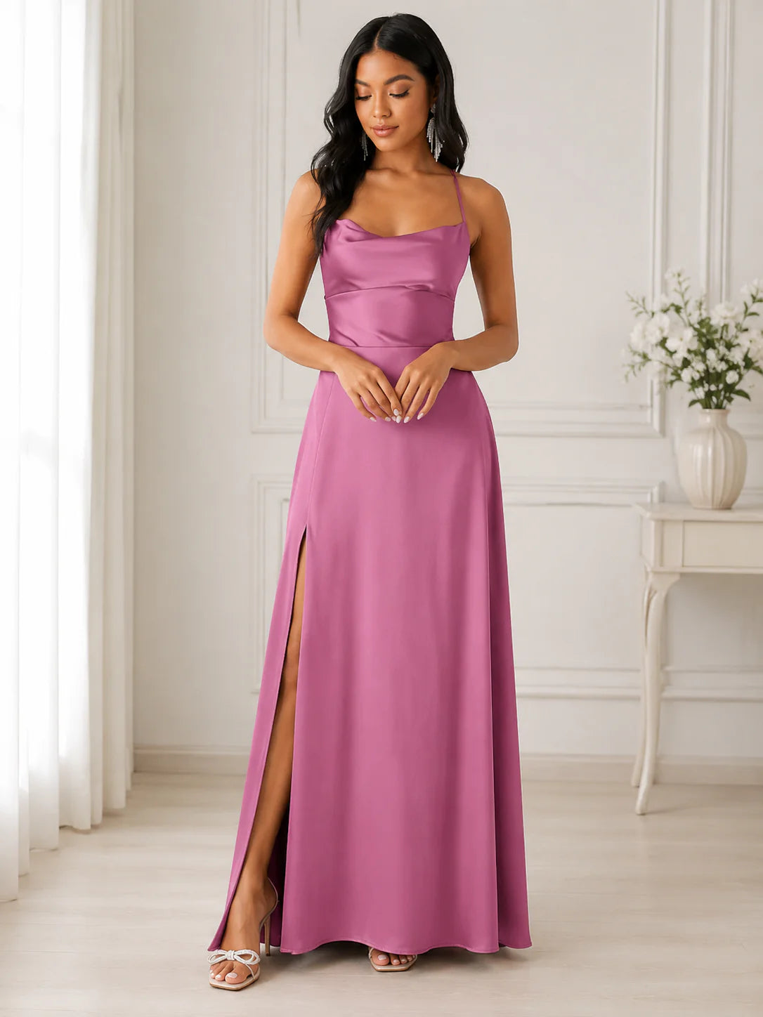 Costanza | Abito Lungo Scollo Cowl con Spacco Rosa
