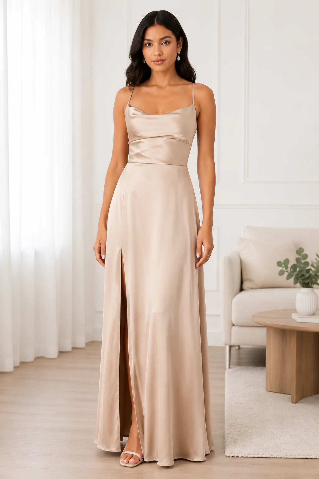 Costanza | Abito Lungo Scollo Cowl con Spacco Beige
