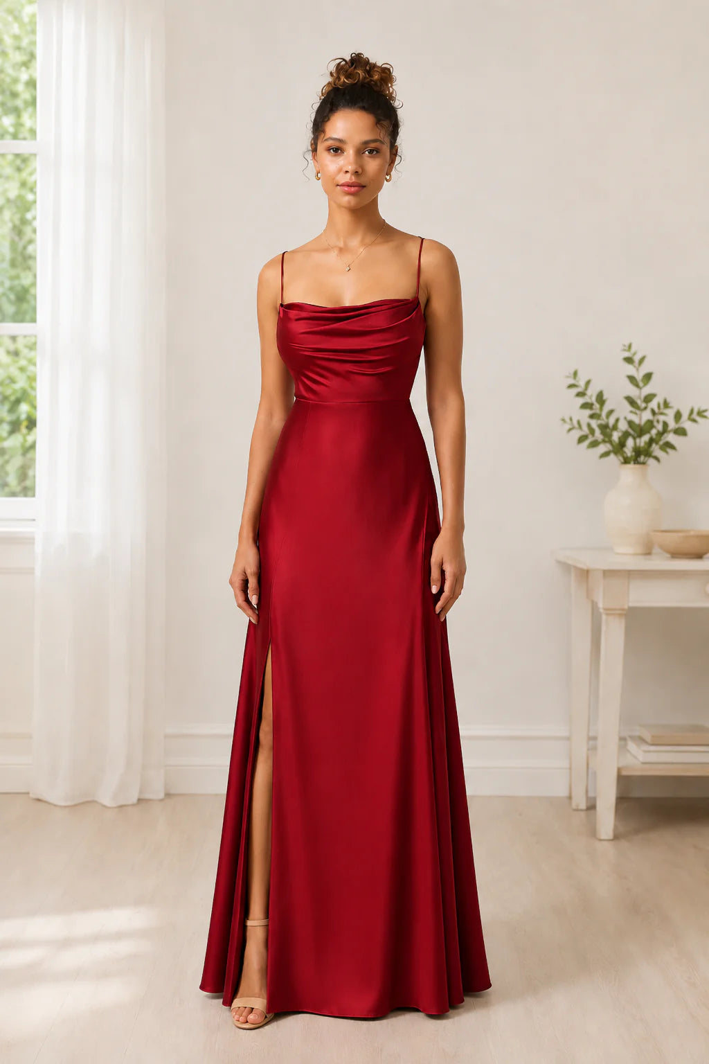 Costanza | Abito Lungo Scollo Cowl con Spacco Rosso