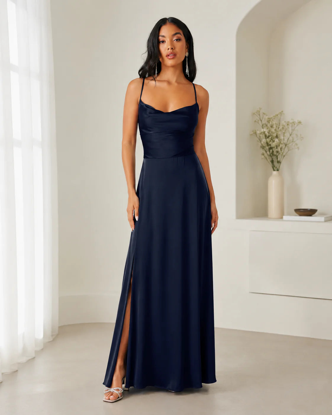 Costanza | Abito Lungo Scollo Cowl con Spacco Blu Navy