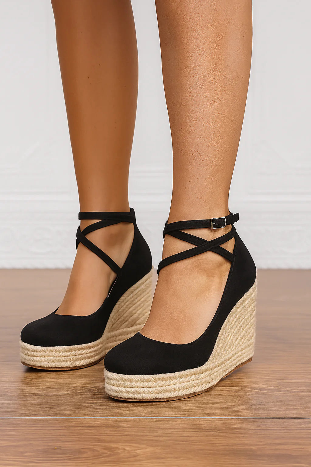 Costanza | Sandali Donna Zeppa Espadrille Cinturino Caviglia Nero