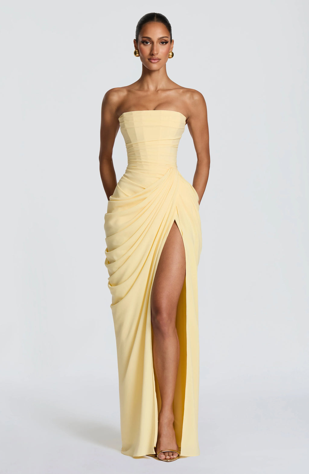 Costanza | Vestito Lungo Drappeggiato con Spacco Giallo