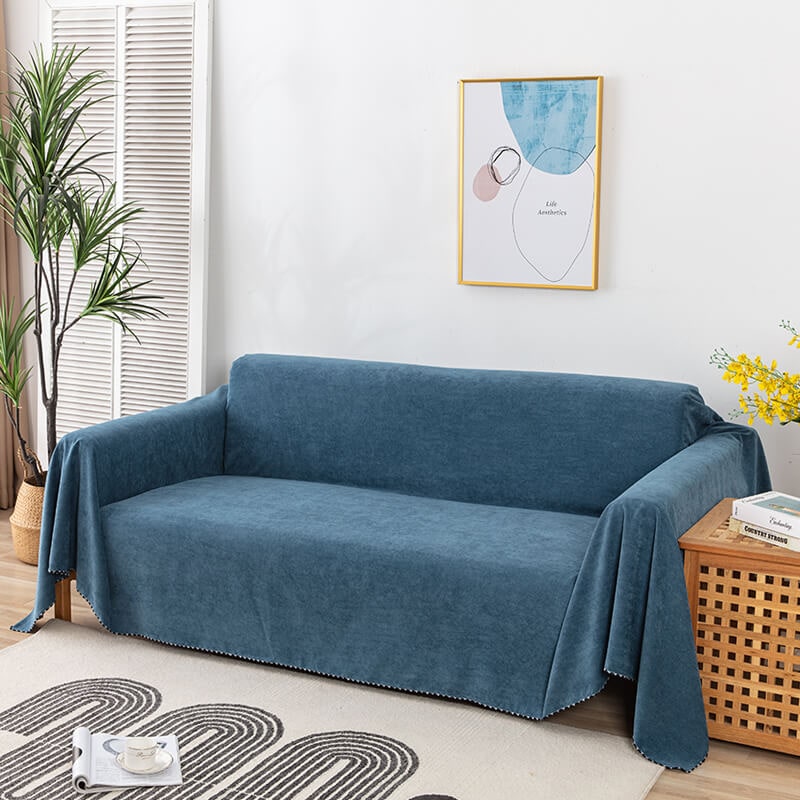 Couch Throw Cover with Water-Resistant Chenille Fabric and Decorative Pom-Pom Trim - Image 3