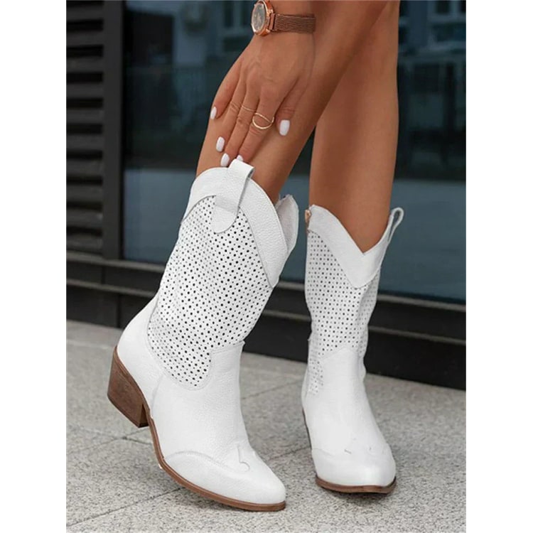 Cowboy Boots with Perforated Cutouts Side Zipper and Block Heel - Image 1