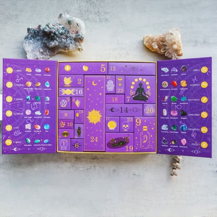 Crystal Advent Calendar with Gemstones Carved Figurines and Zodiac Graphics for Holiday Countdown - Image 1