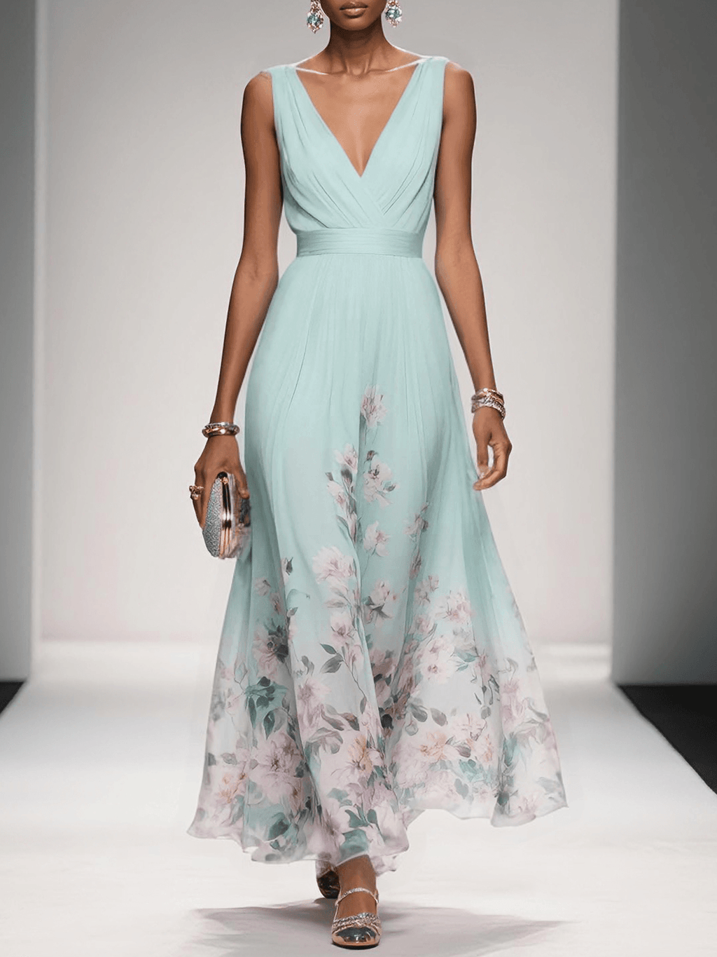Women's Floral Flowing Formal Occasion Dress with V-Neck