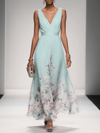 Women's Floral Flowing Formal Occasion Dress with V-Neck