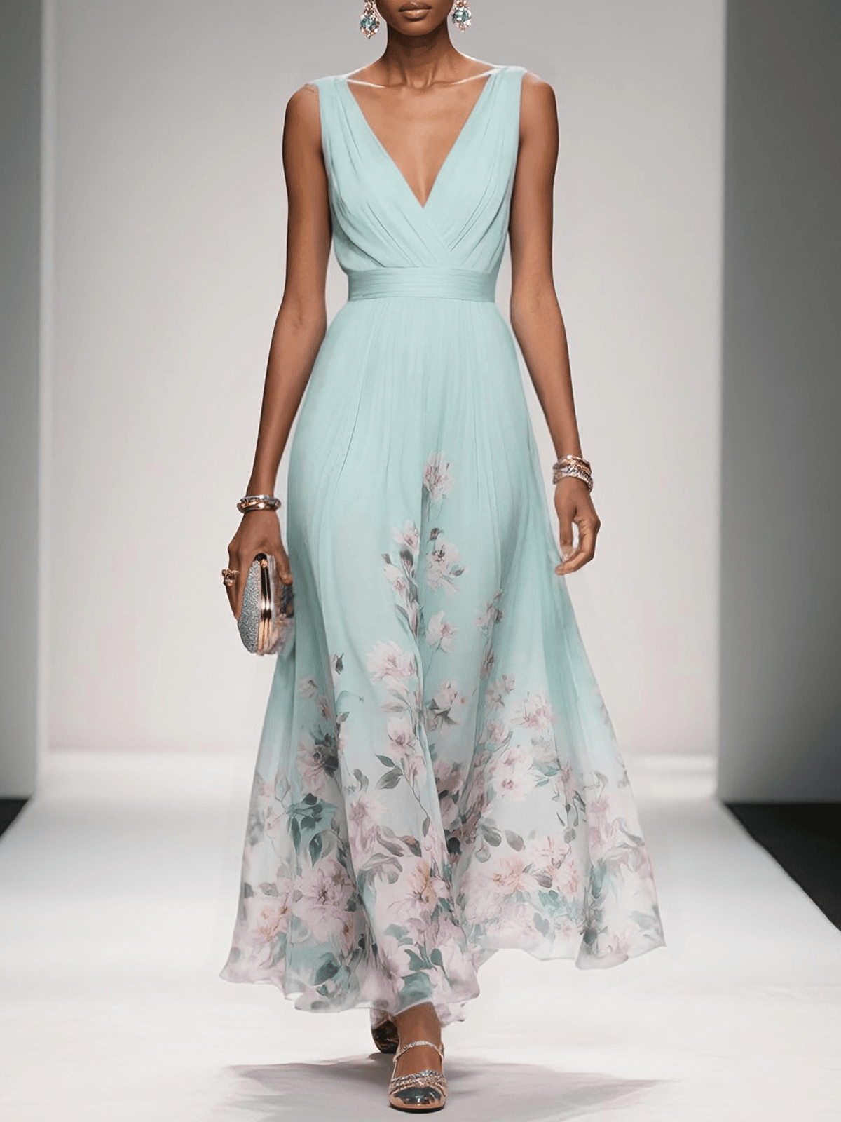 Women's Floral Flowing Formal Occasion Dress with V-Neck