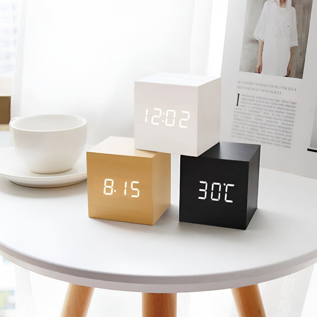 Digital Alarm Clock with Wood Grain Finish and LED Temperature Display - Image 1