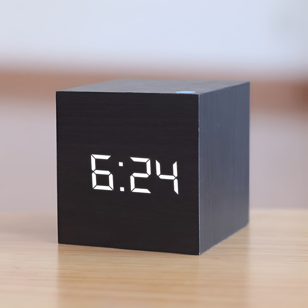 Digital Alarm Clock with Wood Grain Finish and LED Temperature Display - Image 2