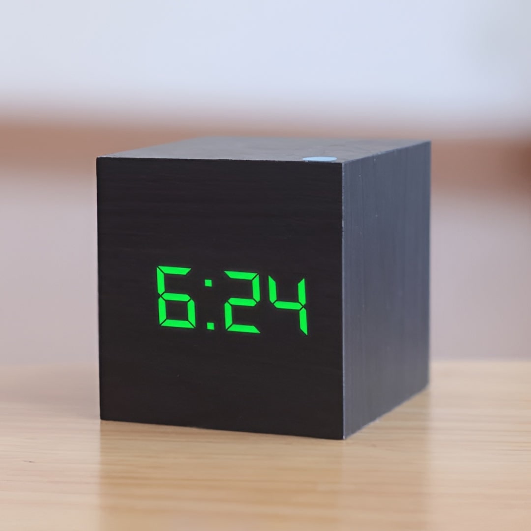 Digital Alarm Clock with Wood Grain Finish and LED Temperature Display - Image 3
