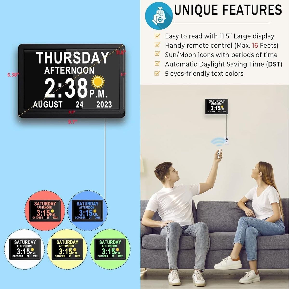 Digital Clock with Seconds Large Display and Calendar Date for Seniors with Remote Control - Image 3
