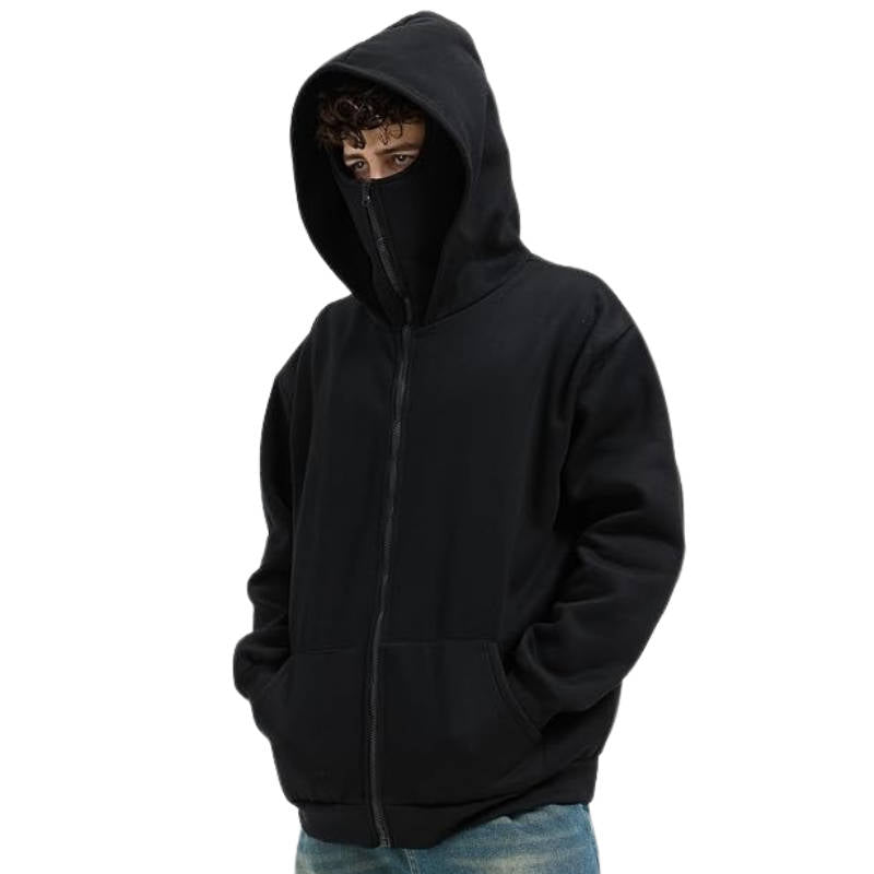 Felpa con cappuccio unisex con zip integrale e copertura per il viso incorporata