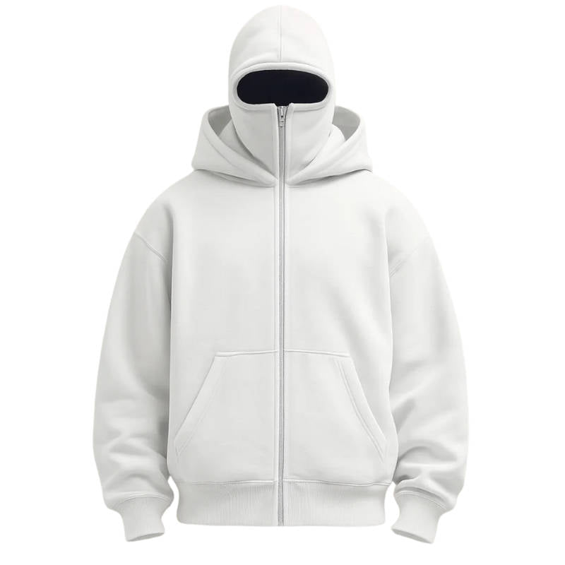 Felpa con cappuccio unisex con zip integrale e copertura per il viso incorporata