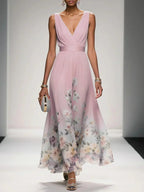 Women's Floral Flowing Formal Occasion Dress with V-Neck