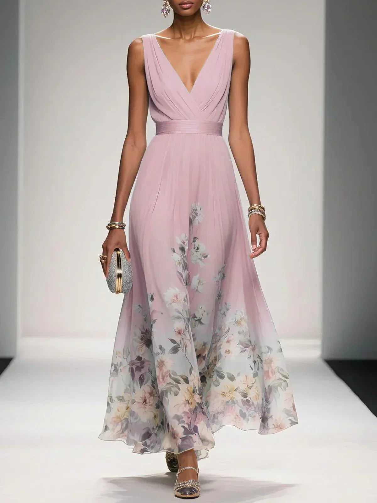 Women's Floral Flowing Formal Occasion Dress with V-Neck
