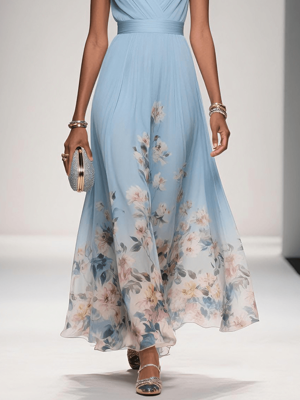 Women's Floral Flowing Formal Occasion Dress with V-Neck