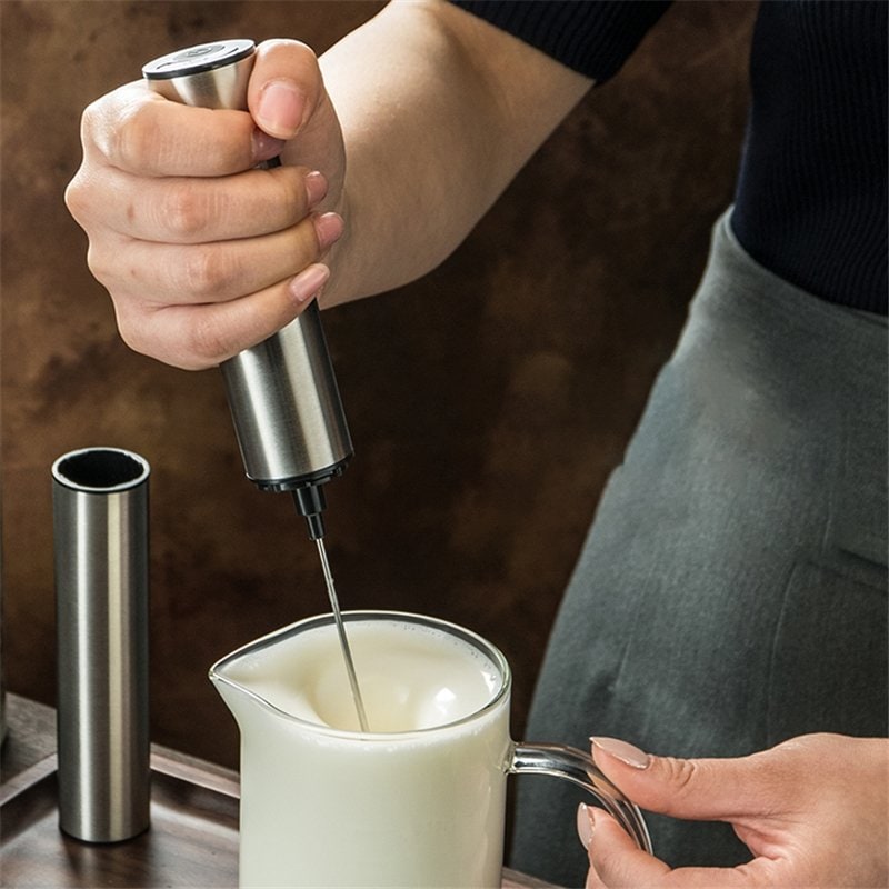 Electric Milk Frother Handheld Cordless with Stainless Steel Storage Sleeve and USB Charging - Image 1