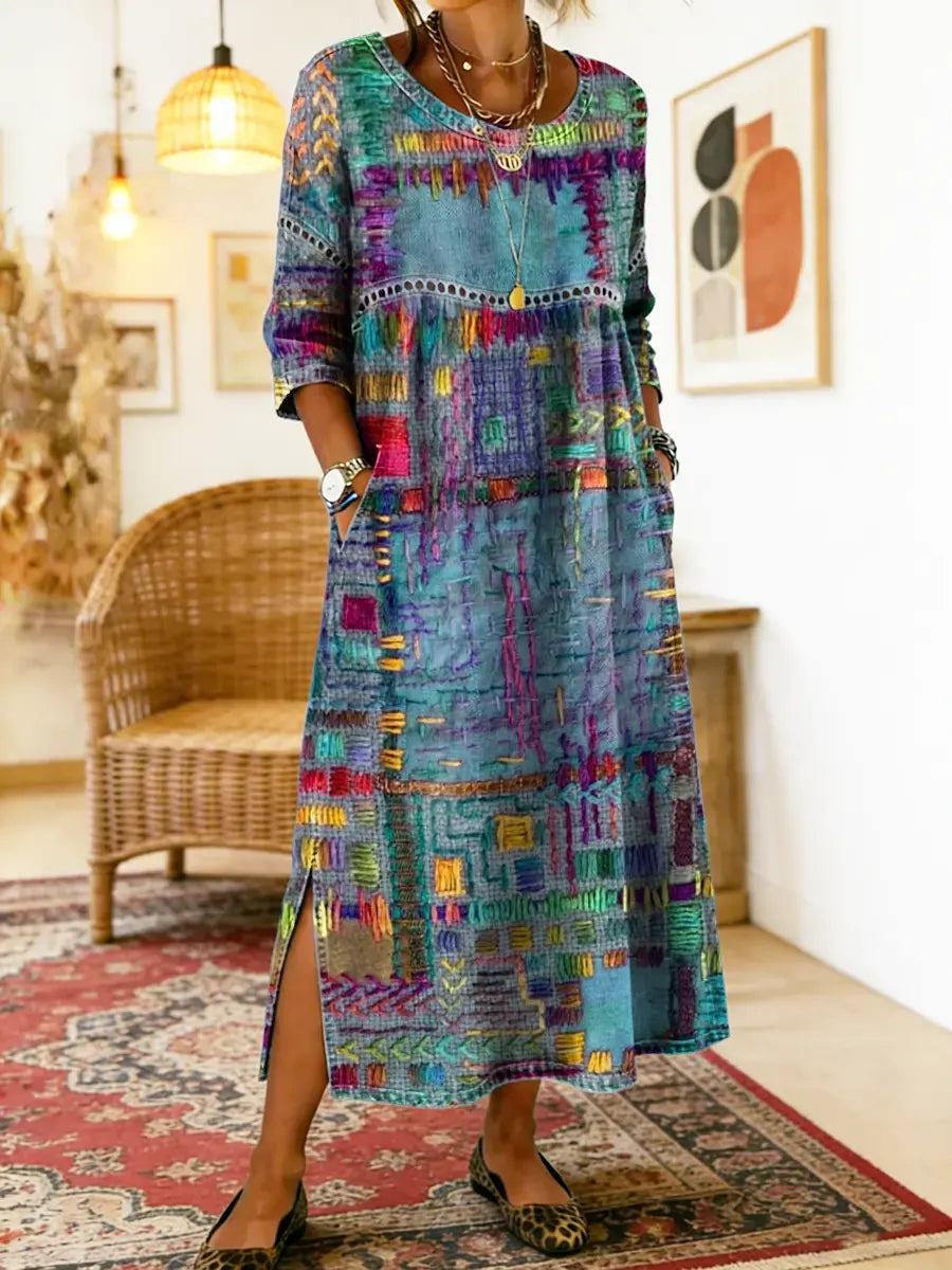 Eleonora | Abito Midi Patchwork Multicolore Blu