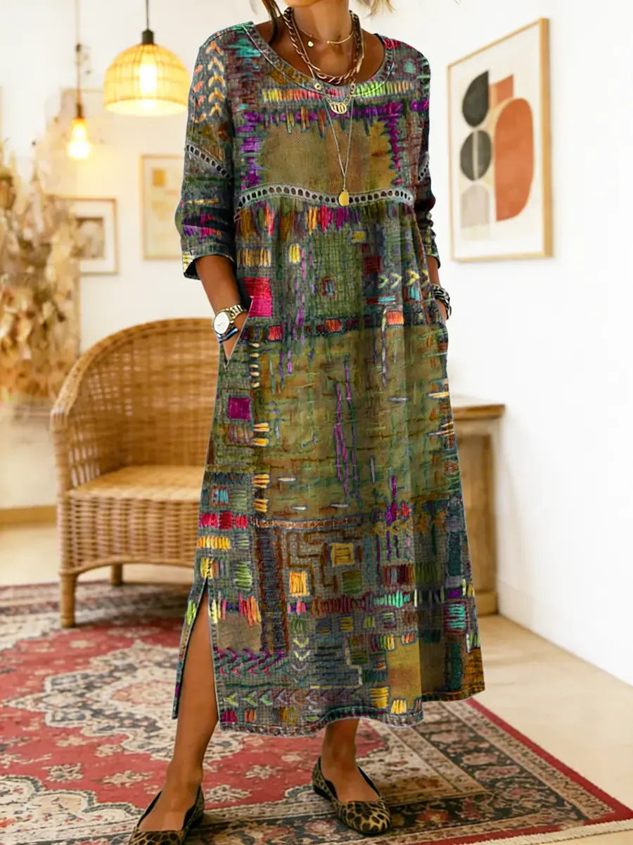 Eleonora | Abito Midi Patchwork Multicolore Verde Militare