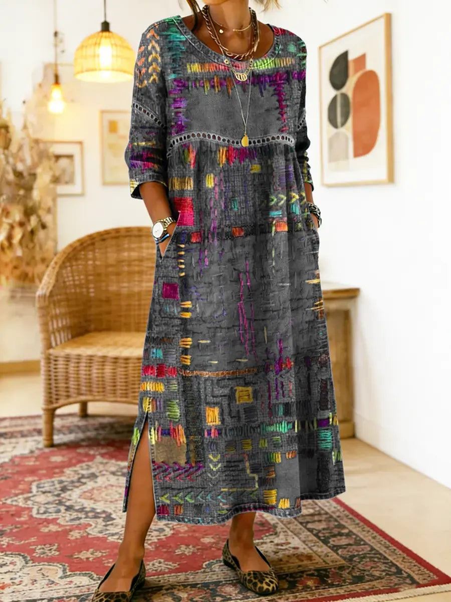 Eleonora | Abito Midi Patchwork Multicolore Arancione