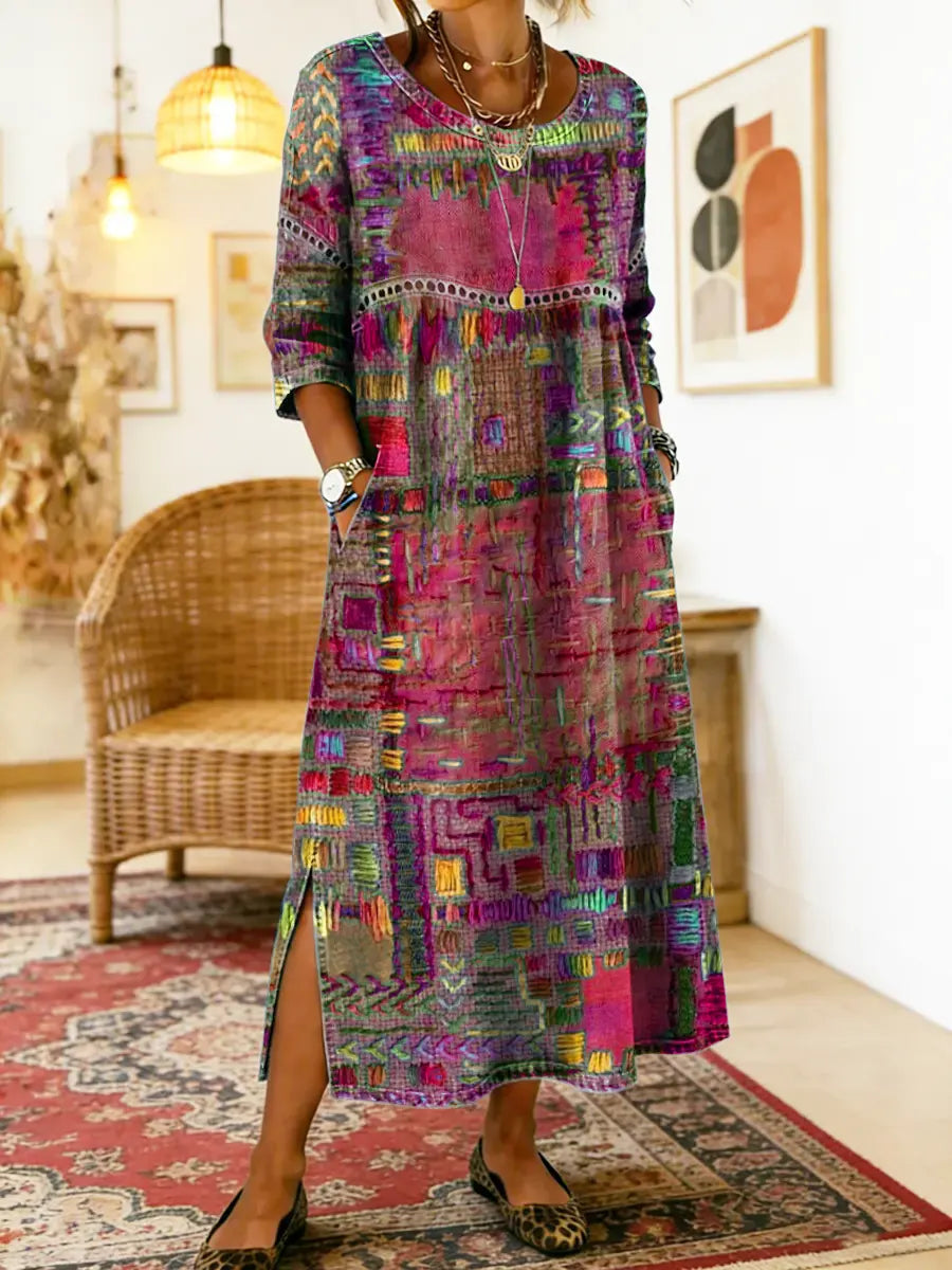 Eleonora | Abito Midi Patchwork Multicolore Rosa