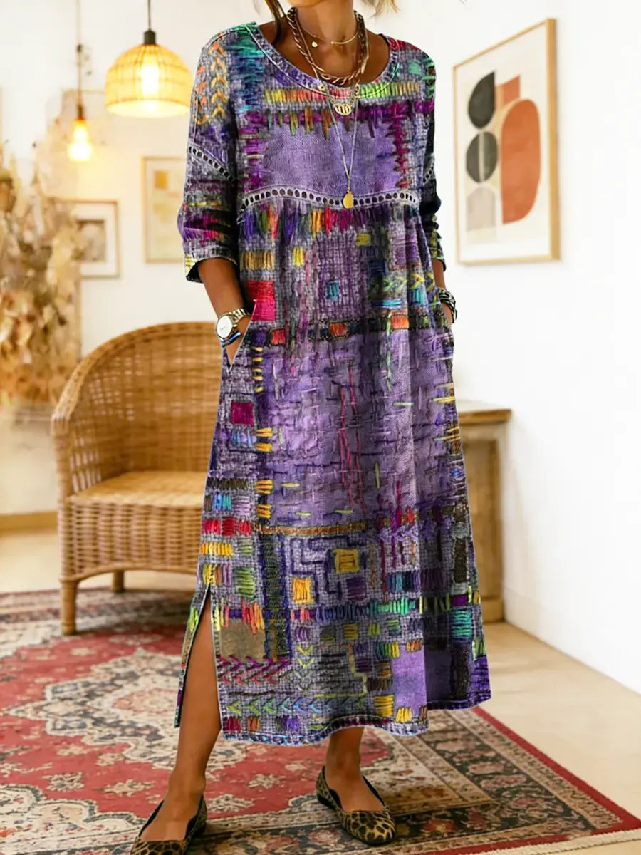 Eleonora | Abito Midi Patchwork Multicolore Viola