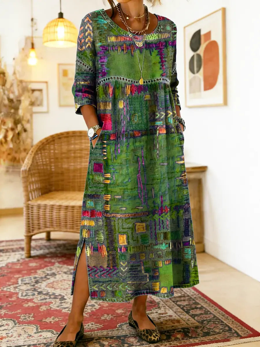 Eleonora | Abito Midi Patchwork Multicolore Verde