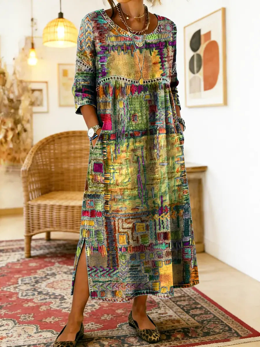 Eleonora | Abito Midi Patchwork Multicolore Giallo