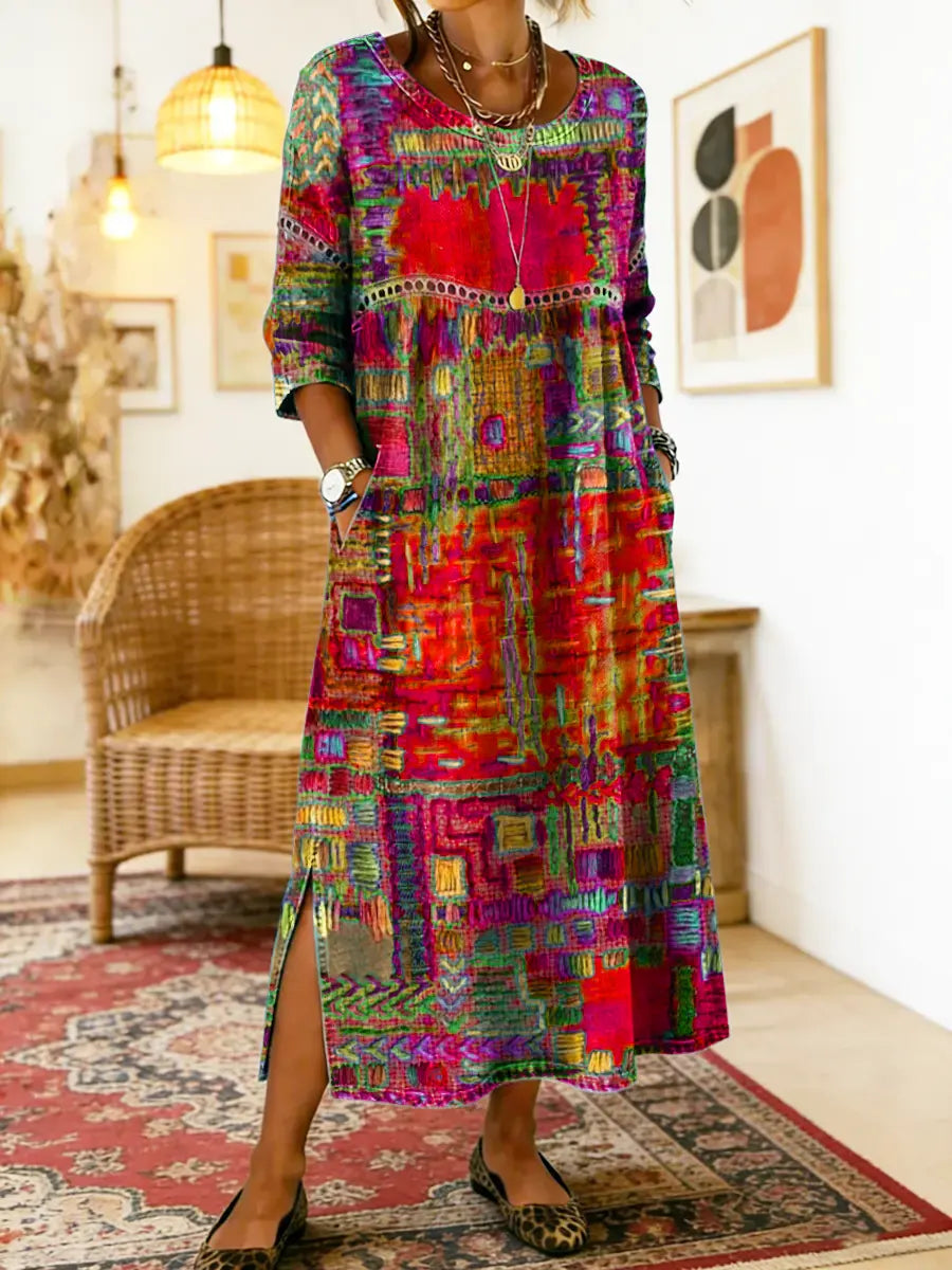 Eleonora | Abito Midi Patchwork Multicolore Rosso