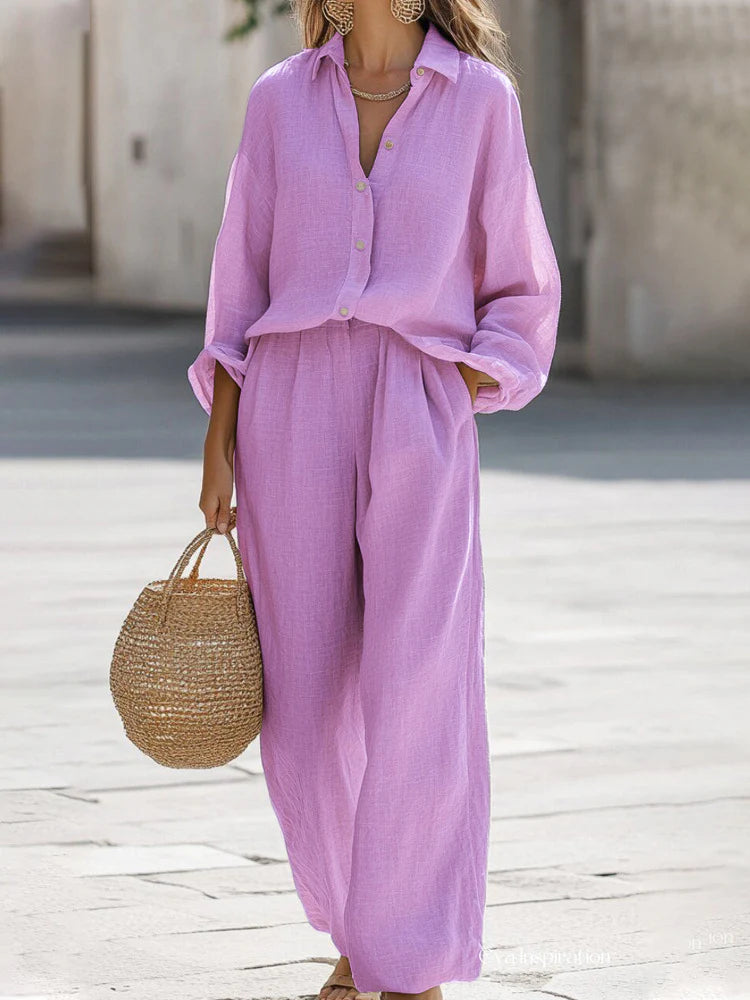 Elisa | Completo Donna 2 Pezzi Camicia Pantalone Estivo Rosa