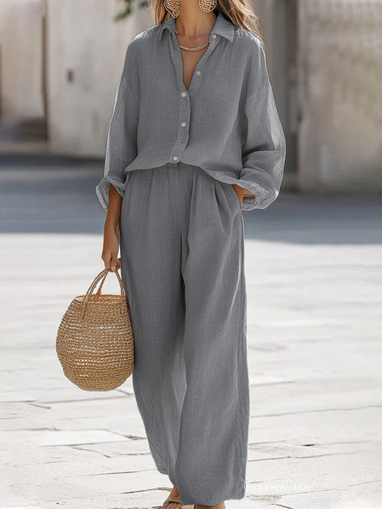 Elisa | Completo Donna 2 Pezzi Camicia Pantalone Estivo Grigio